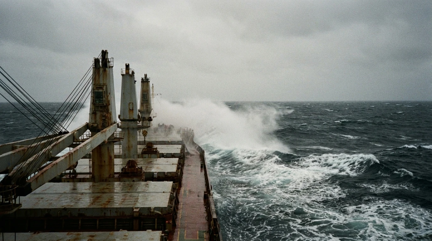 Cargo ship crossing the Atlantic in heavy weather