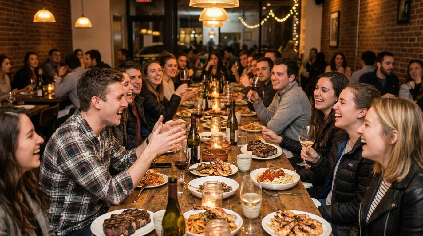 Yacht crew in casual clothes at a long restaurant table for the end of season dinner