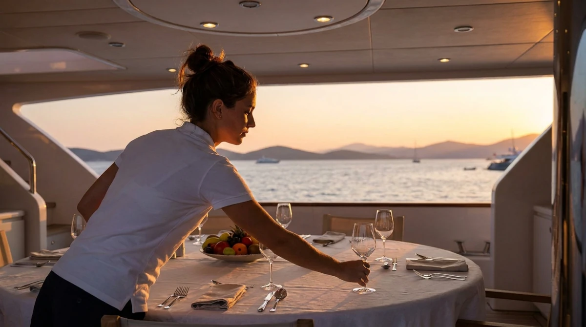 Stewardess setting a table on the aft deck of a motor yacht at sunset