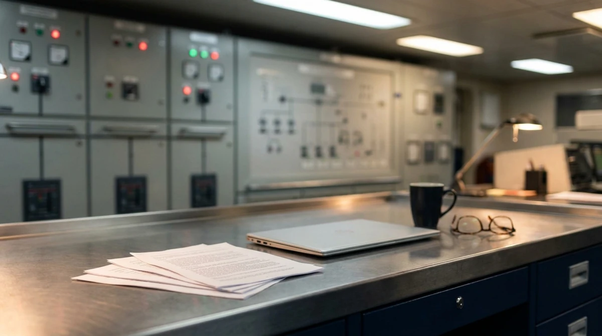 Crew CVs and a laptop on a desk in a superyacht engine control room