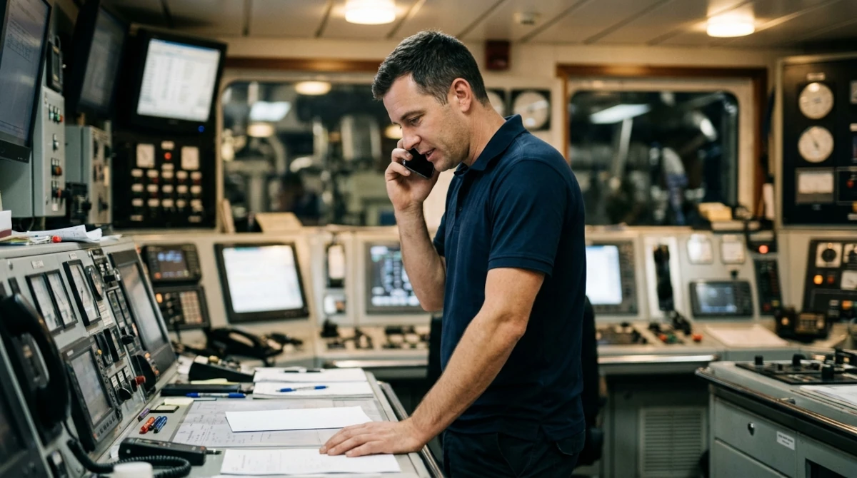 A Chief Engineer making a phone call in an engine control room with a printed CV in front of him