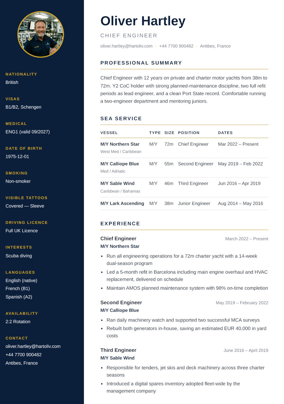 Yacht crew CV example — Voyager template with sea service table, certifications and visas